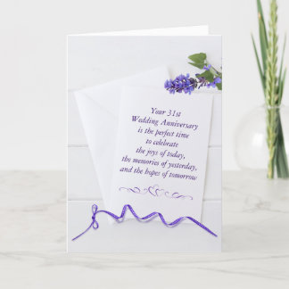 31st Anniversary Purple Flowers On White Wood   Card