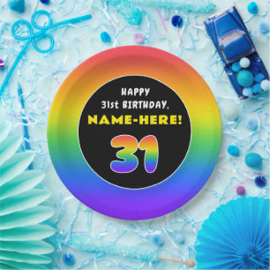 31st Birthday: Colorful Rainbow # 31, Custom Name Paper Plate