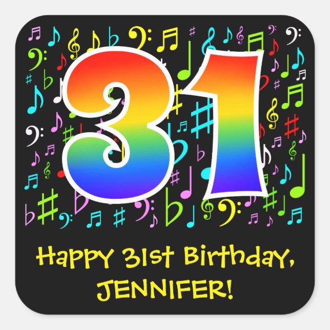 31st Birthday: Colourful Music Symbols, Rainbow 31 Square Sticker (Front)