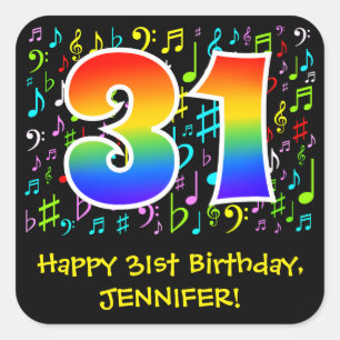 31st Birthday: Colourful Music Symbols, Rainbow 31 Square Sticker