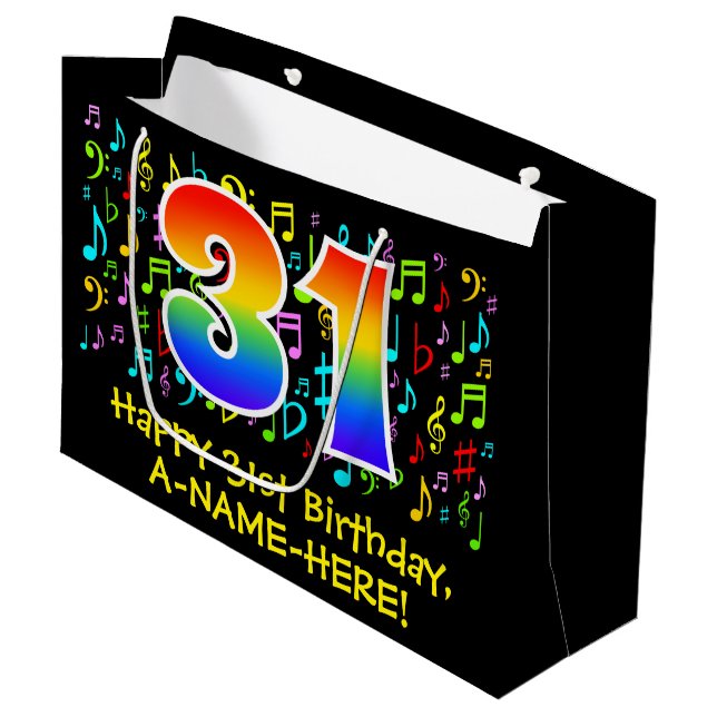 31st Birthday - Colourful Music Symbols, Rainbow 3 Large Gift Bag (Front Angled)
