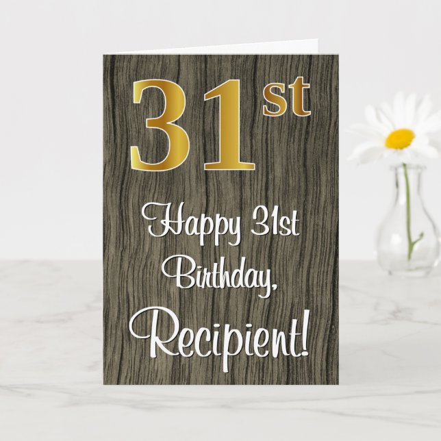 31st Birthday: Elegant Faux Gold Look #, Faux Wood Card (Small Plant)