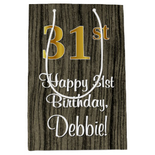 31st Birthday: Elegant Faux Gold Look #, Faux Wood Medium Gift Bag
