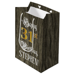 31st Birthday: Faux Gold Look & Faux Wood Pattern Medium Gift Bag