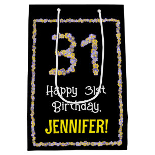 31st Birthday: Floral Flowers Number, Custom Name Medium Gift Bag