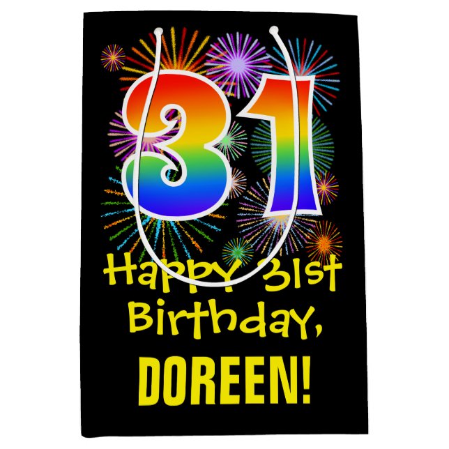 31st Birthday: Fun Fireworks Pattern + Rainbow 31 Medium Gift Bag (Front)
