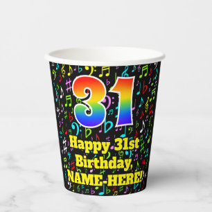 31st Birthday: Fun Music Notes Pattern, Rainbow 31 Paper Cups