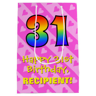 31st Birthday: Fun Pink Hearts Stripes; Rainbow 31 Medium Gift Bag