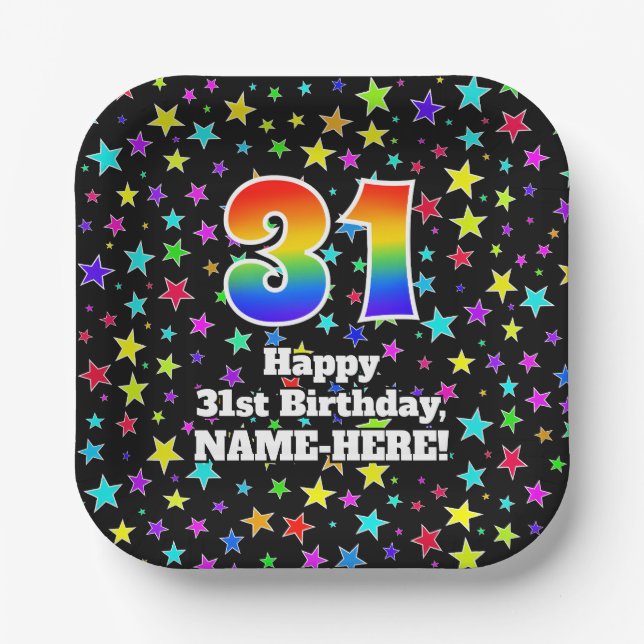 31st Birthday: Fun Stars Pattern and Rainbow “31” Paper Plate (Front)