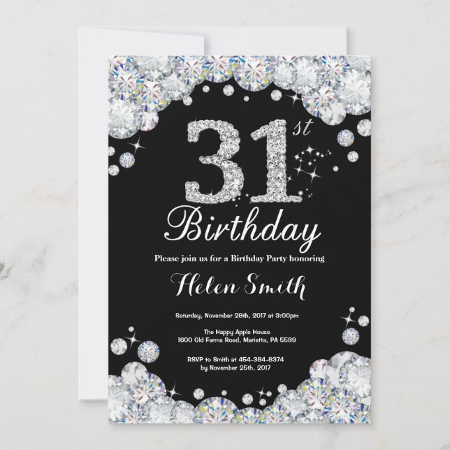 31st Birthday Invitation Chalkboard Silver Diamond (Front)