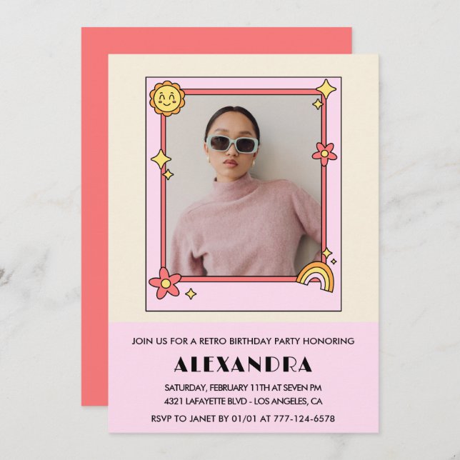 31st birthday invitation Retro Photo Pink Floral (Front/Back)