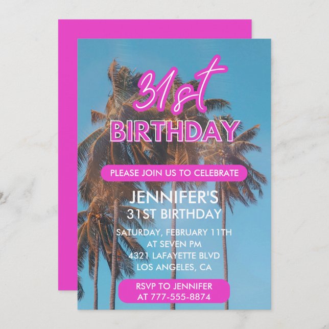31st birthday invitation Summer Pink Palm tree (Front/Back)