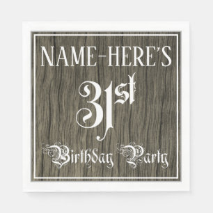 31st Birthday Party — Fancy Script, Faux Wood Look Napkin