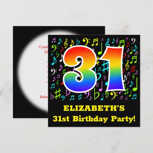 31st Birthday Party: Fun Music Symbols, Rainbow 31 Invitation (Front/Back)