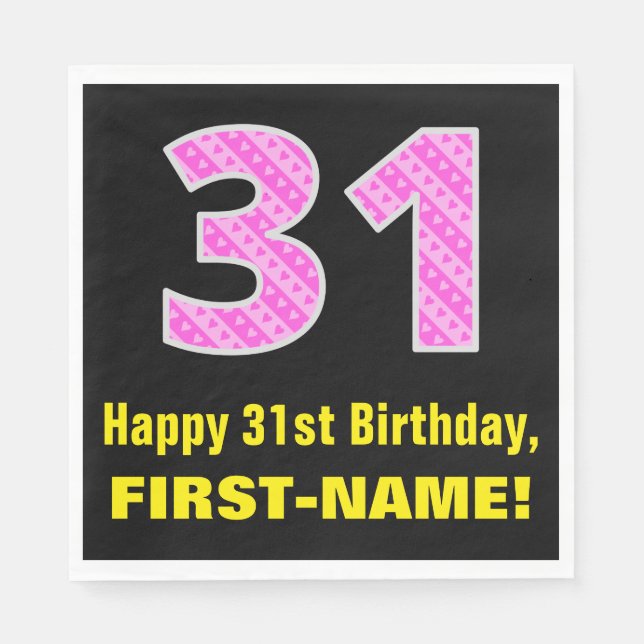 31st Birthday: Pink Stripes and Hearts "31" + Name Napkin (Front)
