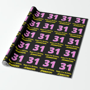 31st Birthday: Pink Stripes and Hearts "31" + Name Wrapping Paper