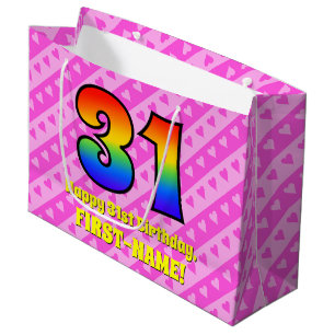 31st Birthday: Pink Stripes & Hearts, Rainbow # 31 Large Gift Bag