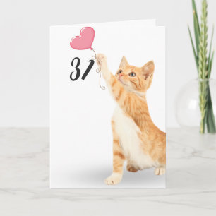 31st birthday tabby cat with heart balloon card