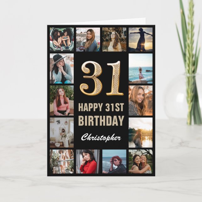 31st Happy Birthday Black and Gold Photo Collage Card (Front)
