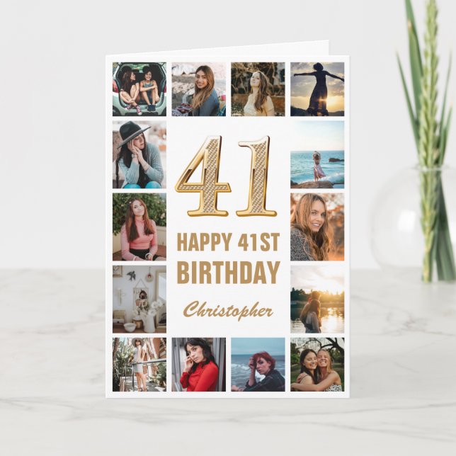 31st Happy Birthday Gold and White Photo Collage Card (Front)
