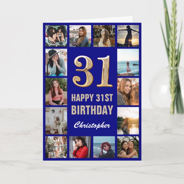 31st Happy Birthday Navy Blue & Gold Photo Collage Card (Front)