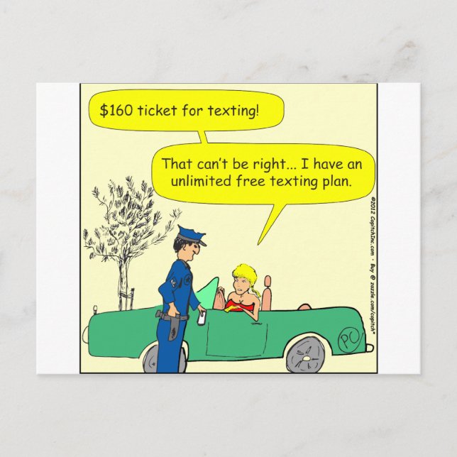 323 Free texting ticket colour cartoon Postcard (Front)