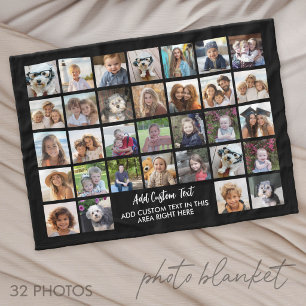 32 Photo Collage Grid - Text box - black white Fleece Blanket