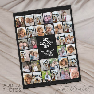 32 Photo Collage Modern Square Black and White Fleece Blanket