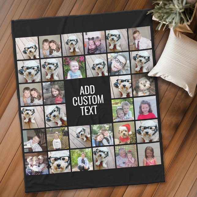 32 Photo Collage Modern Square Black - White Text Fleece Blanket (Personalized fleece blanket with 32 photos and text)