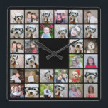 32 Photo Collage Modern Square Layout Black Square Wall Clock<br><div class="desc">Use cropped photos for the best results! Upload square photos from your phone or even Instagram to make a striking custom look for your home. You can use photos of friends or pets and then match your own decor by changing the colour. Use colour or black and white photos -...</div>