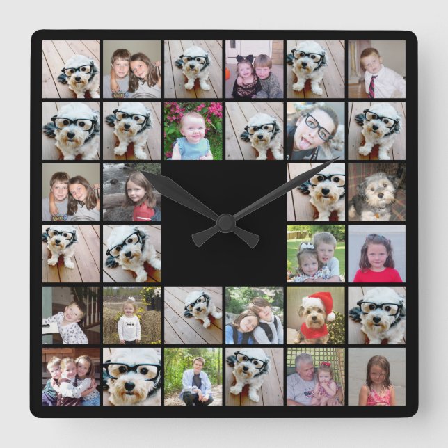 32 Photo Collage Modern Square Layout Black Square Wall Clock (Front)