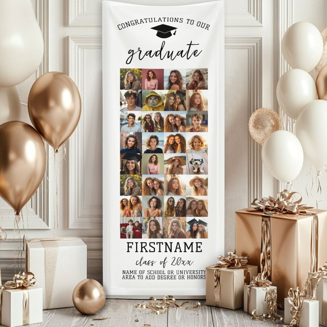 32 Photo - Graduation Modern Minimal White Banner (Custom Graduation Banner - Great for a backdrop or Grad Party Decoration)