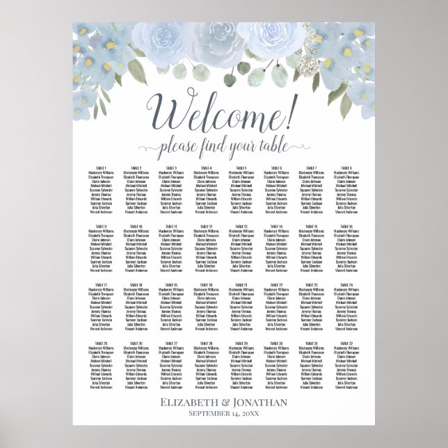 32 Table Dusty Blue Boho Chic Floral Seating Chart (Front)