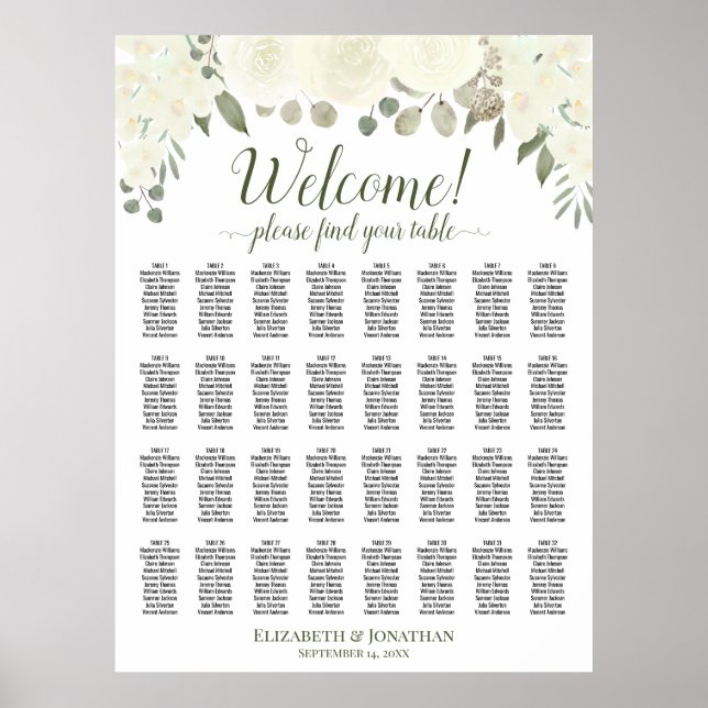 32 Table Ivory White Roses Wedding Seating Chart (Front)
