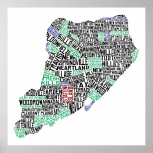 32 x 32" Staten Island Calligram Map Poster Print