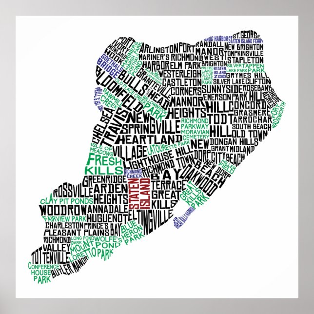 32 x 32" Staten Island Calligram Map Poster Print (Front)