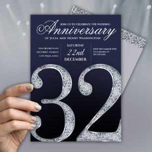 32nd Anniversary Diamond Silver Navy Blue Invitation