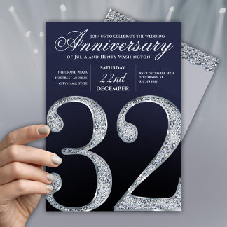 32nd Anniversary Diamond Silver Navy Blue Invitation