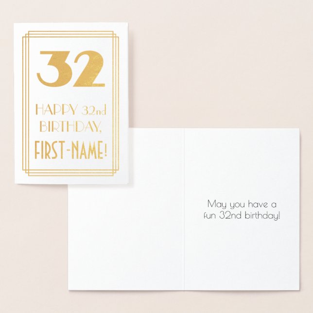 32nd Birthday: Art Deco Inspired Look "32" & Name Foil Card (Display)