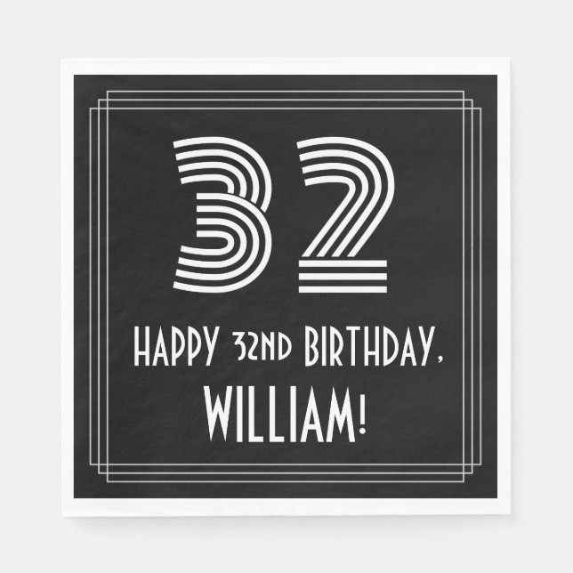 32nd Birthday: Art Deco Inspired Look "32" + Name Napkin (Front)