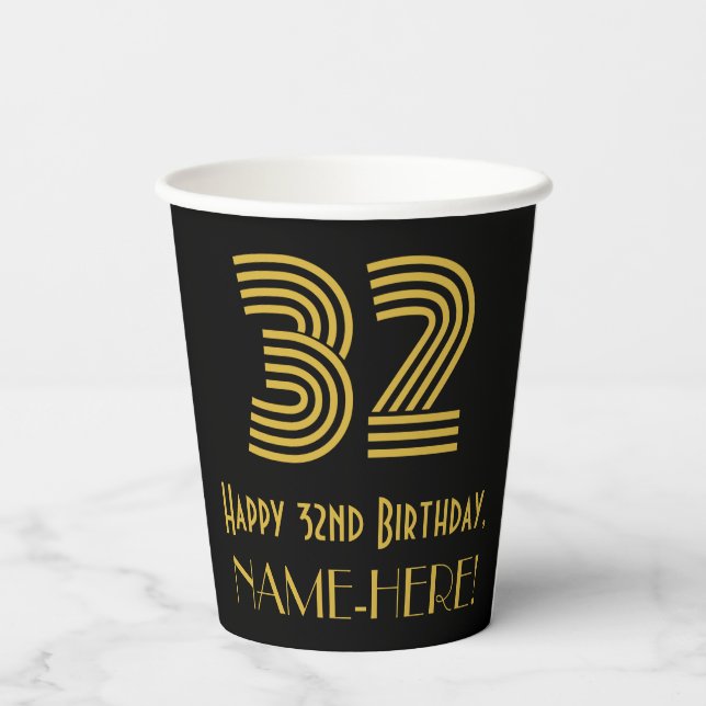 32nd Birthday: Art Deco Inspired Look “32” & Name Paper Cups (Back)