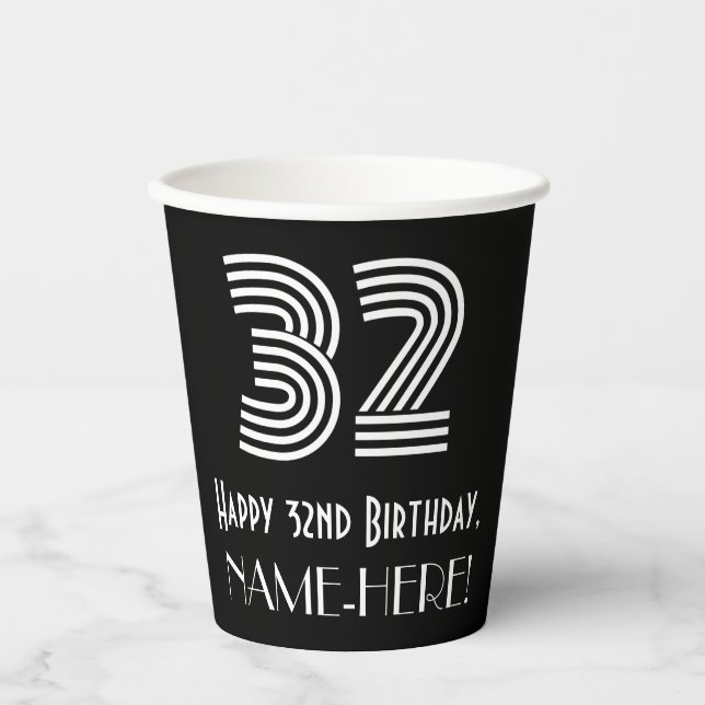 32nd Birthday — Art Deco Inspired Look “32” + Name Paper Cups (Front)