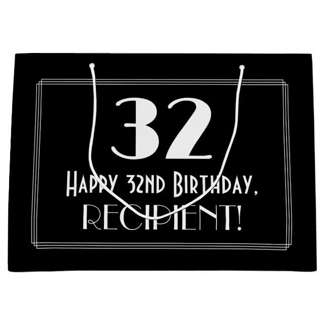 32nd Birthday: Art Deco Inspired Style "32", Name Large Gift Bag (Front)