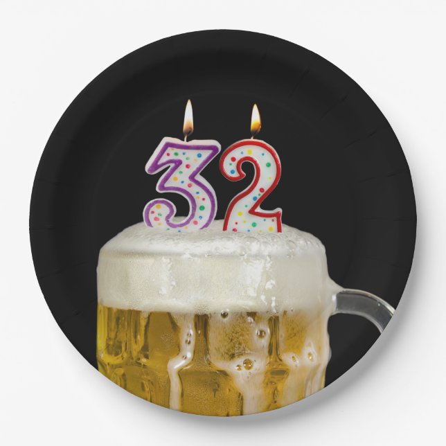 32nd Birthday Beer on black Paper Plate (Front)