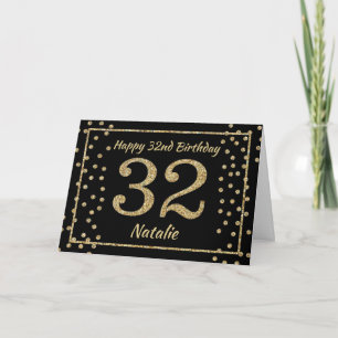 32nd Birthday Black and Gold Glitter Confetti Card