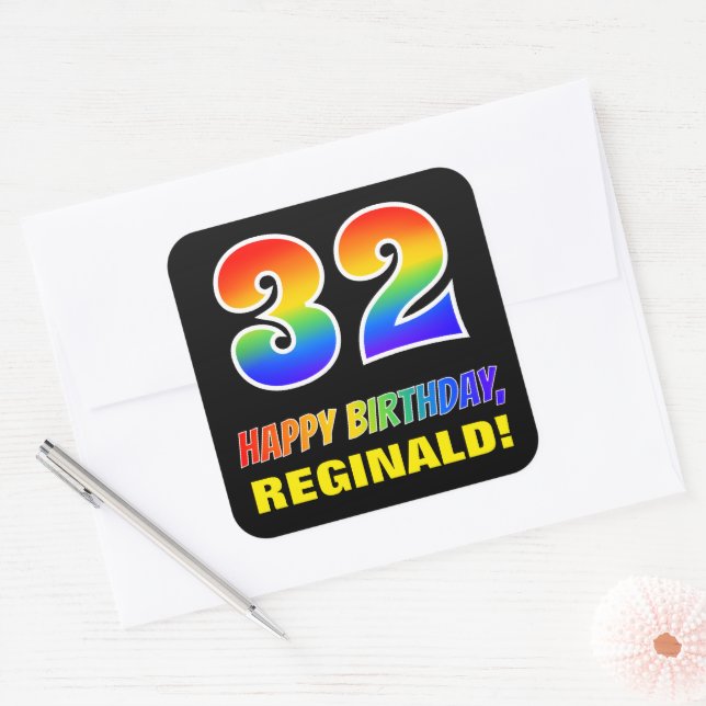 32nd Birthday: Bold, Fun, Simple, Rainbow 32 Square Sticker (Envelope)