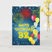 32nd Birthday card with fireworks and balloons (Yellow Flower)