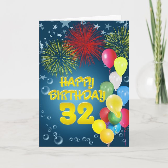 32nd Birthday card with fireworks and balloons (Front)