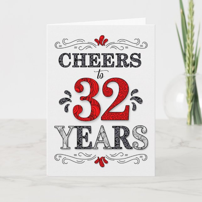 32nd Birthday Cheers in Red White Black Pattern Card (Front)