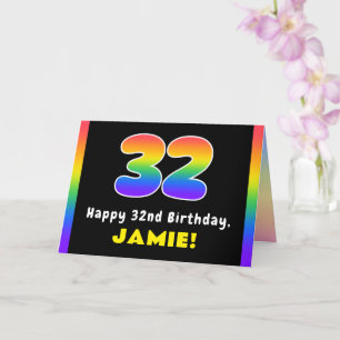 32nd Birthday: Colorful Rainbow # 32, Custom Name Card